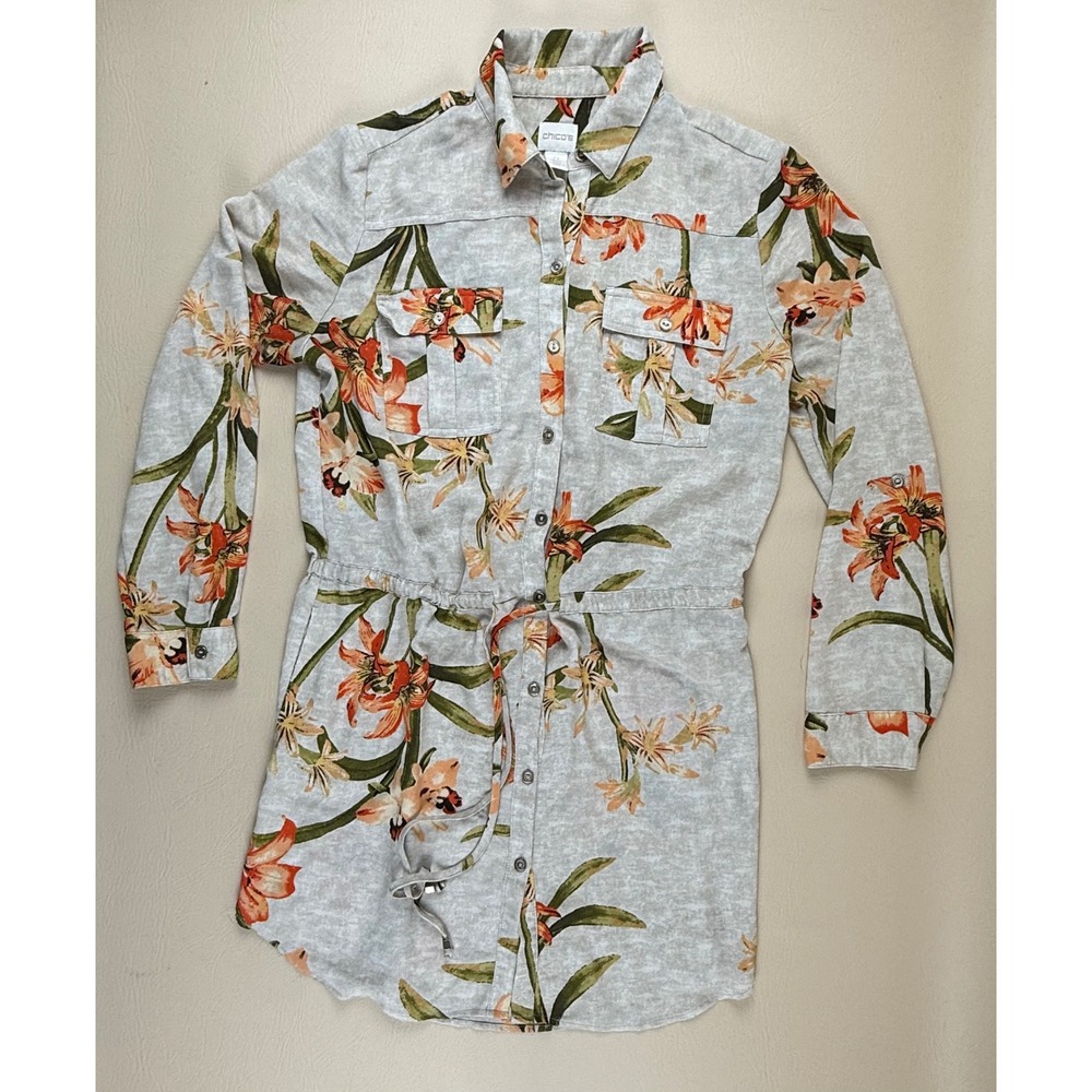 Chico's Tropical Floral Shirt Dress Utility Drawstring Size 0